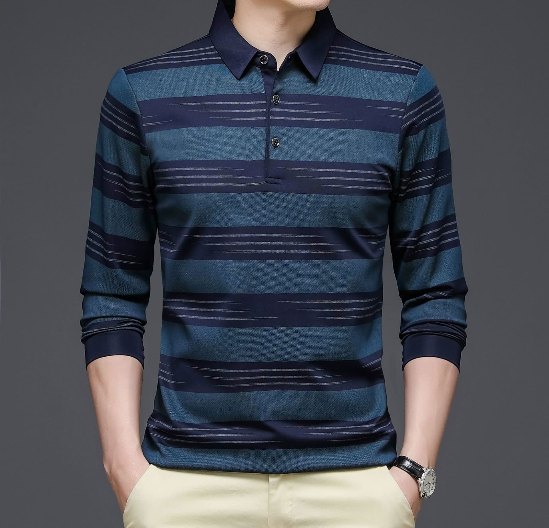 Geestig Wardianzaak bak Men's Middle-aged Autumn Lapel Base Stripe Loose Business Polo Shirt | eBay